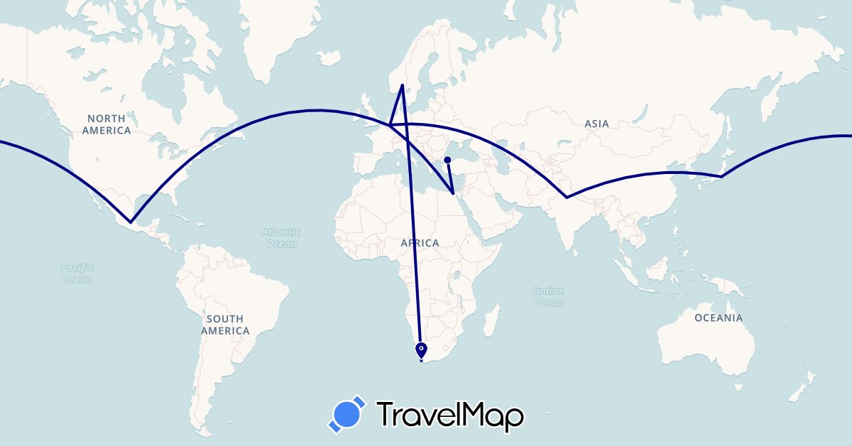 TravelMap itinerary: driving in Belgium, Egypt, India, Japan, Mexico, Netherlands, Norway, Turkey, South Africa (Africa, Asia, Europe, North America)