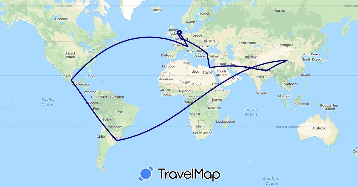 TravelMap itinerary: driving in Belgium, China, Egypt, India, Italy, Mexico, Netherlands, Nepal, Turkey, Uruguay (Africa, Asia, Europe, North America, South America)